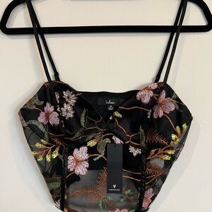 Lulu's Black Mesh Top with Colorful Embroidery